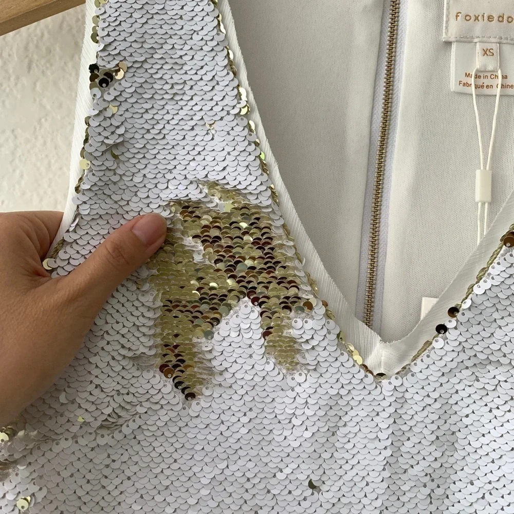 Foxiedox White Gold Flip Sequin Mini Dress XS - Picture 10 of 16